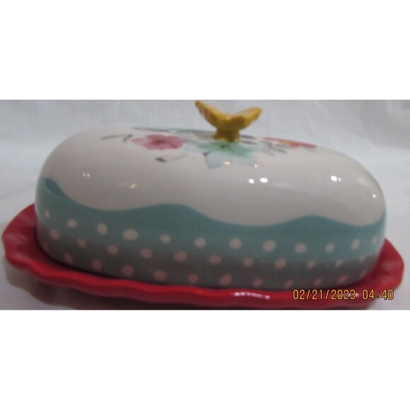 THE PIONEER WOMAN BUTTER DISH FLEA MARKET FLORAL STONEWARE POLKA DOTS BUTTERFLY - Picture 2 of 8